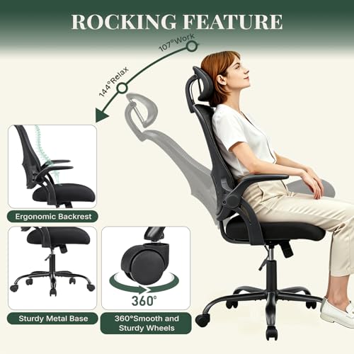 Image of Ergonomic Office Chair, Comfy Desk Chair with Wheels, Adjustable Headrests, Flip-Up Armrests, Breathable Mesh High-Back, Comfortable Swivel Seating for Home Computer, Black