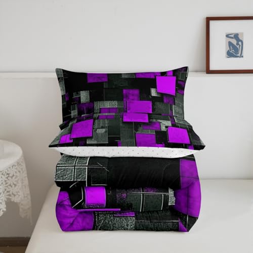 Image of Feelyou Kids Purple Black Comforter Set King Size, Geometric Grid Bedding Set Geometrics Comforter for Kids Boys Girls Abstract Art Duvet Insert Room Decor Microfiber Bed Set