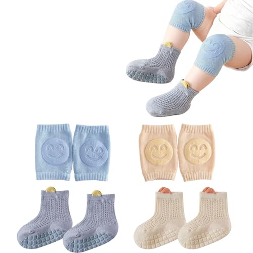 VINZOR Juego de Gateo para Bebés con 2 Pares de Rodilleras y 2 Pares de Calcetines, Rodilleras Bebé Antideslizantes para Niños y Niñas, Tejido Suave y Transpirable