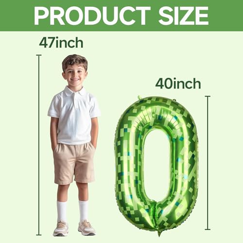 Image of 40 Inch Giant Green Pixel Number 0-9 Foil Balloons, Large Number Balloons Birthday Party Decoration Supplies (Number 0)