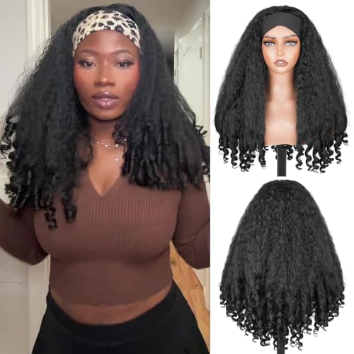 Aminow Afro Curly Headband Wig Synthetic Yaki Curly Half Wigs for Black Women Glueless Headband Wig with Bottom Bouncy Curls Blowout 4c Hair Style Natural Black 22 In