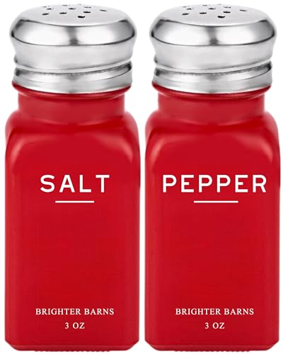Image of Red Salt and Pepper Shakers Set by Brighter Barns - Modern Kitchen Decor - Cute Glass Salt and Pepper Set with Stainless Steel Lid - Modern Kitchen Accessories for Home, Restaurant, Airbnb, Gift (Red)