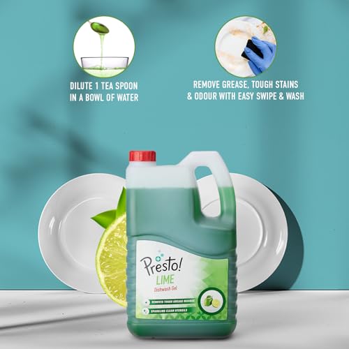 Image of Amazon Brand - Presto! Dishwash Gel | Lime | 5 Litre Refill Can | Dishwash Liquid | Cuts Through Grease | Safe On Hands