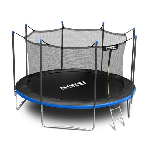 Neo-Sport Trampolín para exteriores para niños, red de seguridad, escalera interior, barras acolchadas, resistentes a la intemperie, inoxidables, soporta hasta 150 kg, color azul y negro, 374 cm