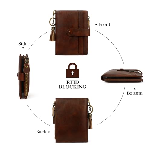 Image of Leather Wallet Women,RFID Blocking Small Wallets for Women Compact Bifold Slim Wallet Card Holder With Zipper Coin Pocket darkbrown