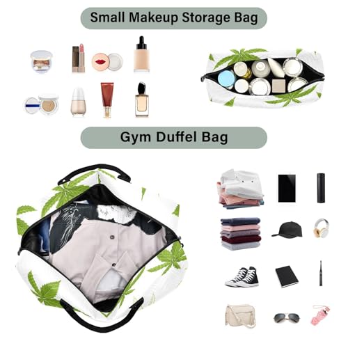 Hemp Leaves on White Duffle Bags for Women Men Waterproof Weekender Overnight Bags Hospital Bag Large Tote Bag with Toiletry Bag for Yoga Gym Travel Sport Hospital4