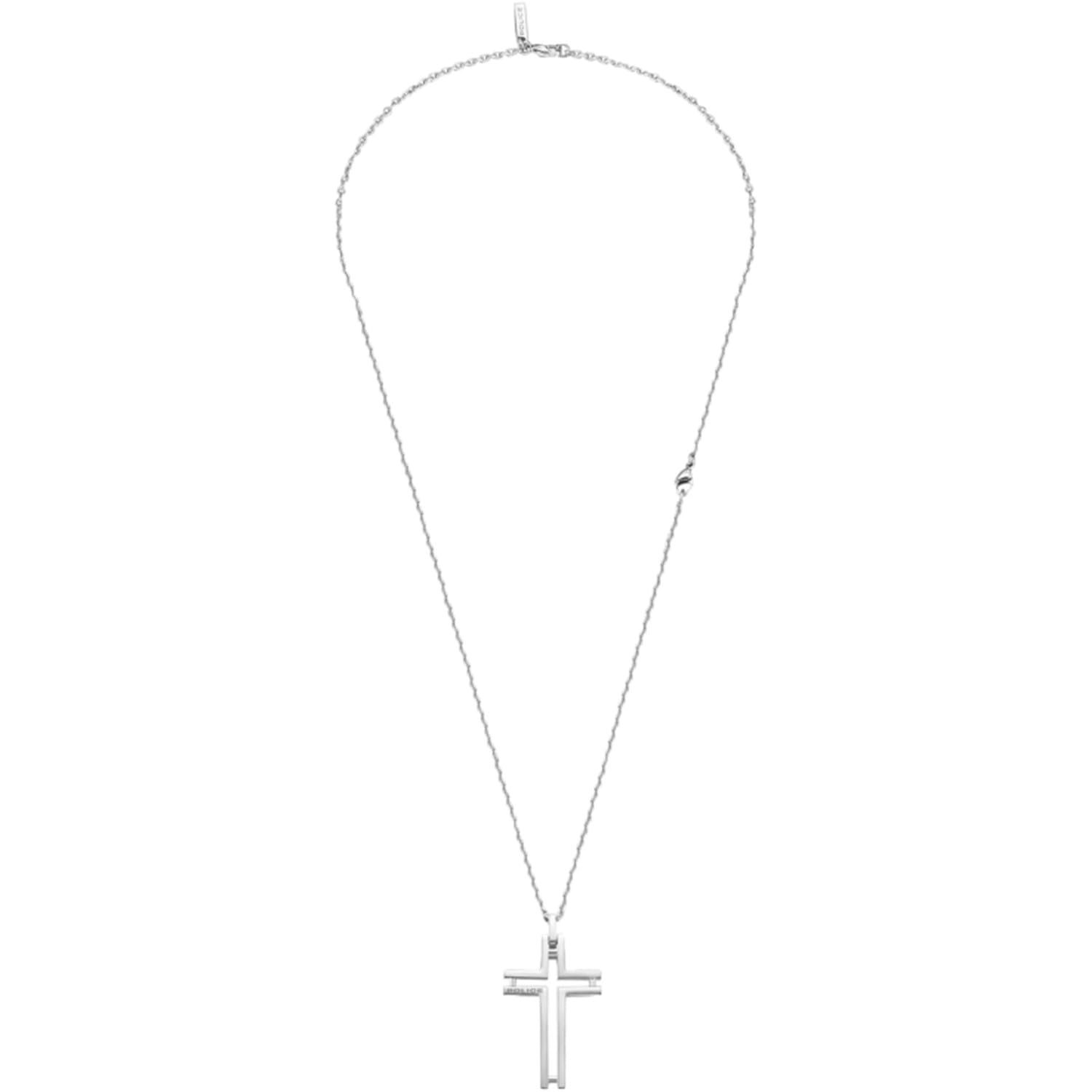 Police Mens Framed Stainless Steel Silver Cross Adjustable Pendant Necklace