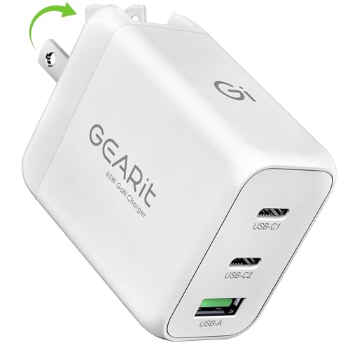 GEARit USB C Charger Block, 65W 3-Port Fast Charging Adapter, Compact Foldable PD Charger, Compatible with MacBook Pro/Air, iPad, iPhone 17/16/15/14, Galaxy S25/S20, Pixel, and More