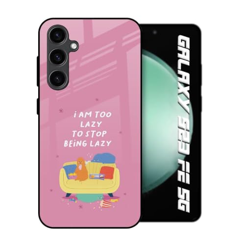 Image of Stylish Designer Glass Case Compatible with Samsung Galaxy S23 FE 5G Back Cover for Women & Girls | Pink Lazy Quote, Glossy & Scratch-Resistant Finish