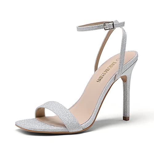 DREAM PAIRS Silver Glitter Heels Women?s High Stilettos Sexy Open Toe Dress Shoes Ankle Strappy...