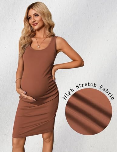 Ekouaer Womens Summer Maternity Dress Side Ruching Sleeveless Bodycon Dress Cute Pregnancy Dress Light Brown thumb #1