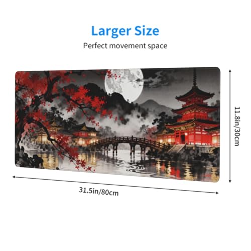 Image of Black Red Japanese Mouse Pad 31.5x11.8 XL Maple Leaves Tree Lake Pavilion Watercolor Extended Large Mousepad Keyboard Mouse Mat Desk Pad with Non-Slip Rubber Base Stitched Edges for Home Office Game