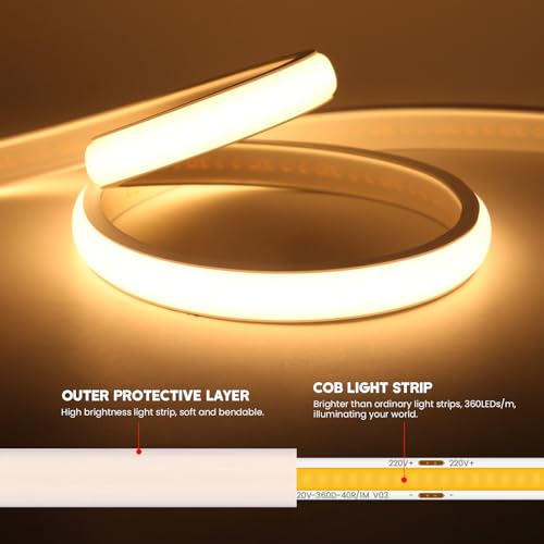 XUNATA 230V COB Neon LED Streifen, 288leds/m Superhell Hohe Dichte, IP65 Wasserdicht Diffusion Flex LED Schlauch für DIY Innen-und Außenbeleuchtung Projekte (Warmweiß, 5M)