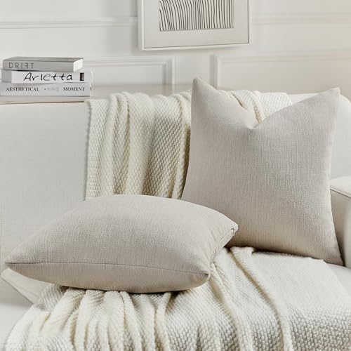 FUTEI Oatmeal Chenille Decorative Throw Pillow Covers 24x24 Inch Set of 2,Soft Cozy Faux Linen Textured European Pillow Shams,Farmhouse Home Decor for Couch Living Room