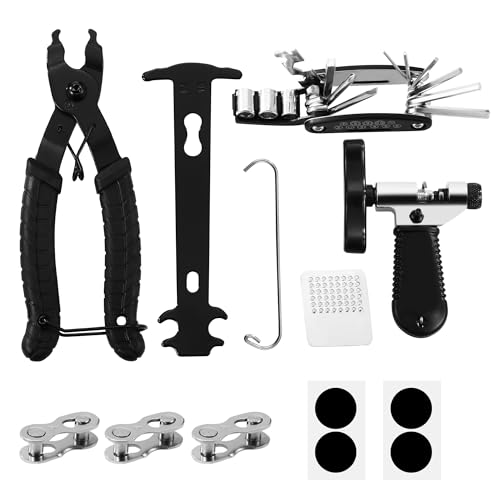 16 in 1 Fahrrad Multitool, 3 Fahrradkette Werkzeug (Kettennieter Fahrrad, Kettenzange, Kettenlehre), 3 Paar Kettenschloss Zan