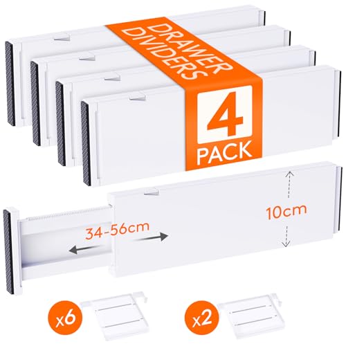 Lifewit 4 Juegos Separadores Cajone de 10 cm Altura, Organizador Armario de Ajustables 34,3-55,9 cm con 8 Inserciones Ropa/Maquillaje/Cubertero, Plástico Divisorias para Cocina/Tocador/Escritorio/Baño