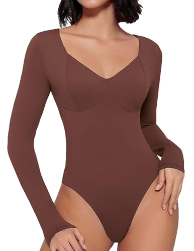 Image of Avidlove Bodysuit for Women Long Sleeve Double Lined Tank Top V Neck Bodysuit Tummy Control Shapewear