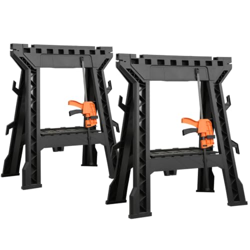 EHHLY Folding Saw Horses 2 Pack Heavy Duty Clamping Sawhorse with Removable 18 Inch Bar Clamps 1000 LBS Total Load Capacity Built-in Tool Tray and Cord Hooks