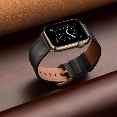 OUHENG Leather Bands Compatible with Apple Watch Band 42mm/44mm/45mm/46mm/49mm, Genuine Leather Strap Replacement for iWatch Series 11/10/9/8/7/6/5/4/3/2/1 & Ultra 3/2/1 & SE3 SE2 SE Black Bronze Gold