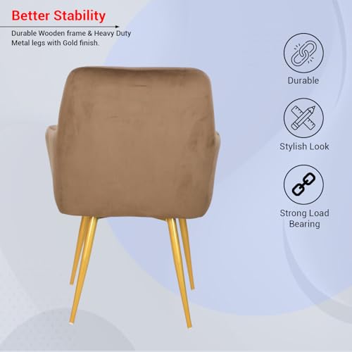 Image of Taboo Velvet Dining Chair Set of 4 | Upholstered Accent Arm Chairs | Soft Cushioned Seat with Backrest | Modern Velvet Fabric Chairs with Metal Legs | Living Room, Bedroom, Cafe & Restaurant | Brown