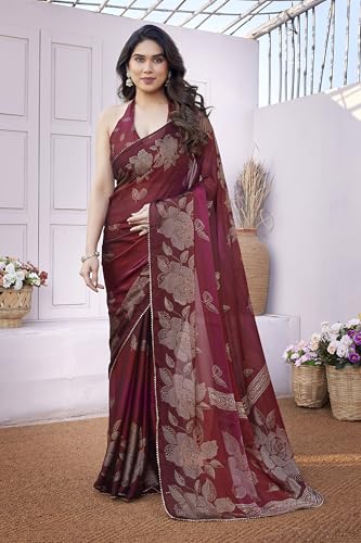 Image of MIRCHI FASHION Saree for Woman Chiffon Foil Work Floral Printed | Ethnic Sari for Function and Farewell with Unstitched Blouse Piece (Available in 15 Colors)