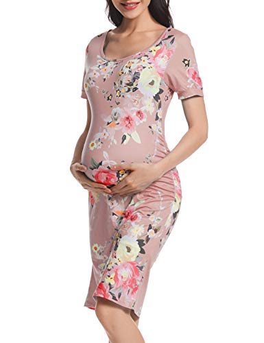 Floral Fitted Baby Shower Dresses for Pregnant Women Pink XL