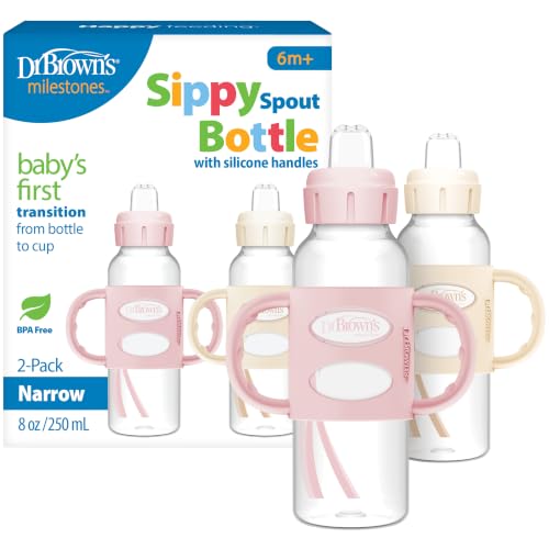 Dr. Brown's Milestones Narrow Sippy Spout Bottle with 100% Silicone,Easy-Grip Handles and Soft Sippy Spout,8oz/250mL,Light Pink and Ecru,6m+,2 Count (Pack of 6)