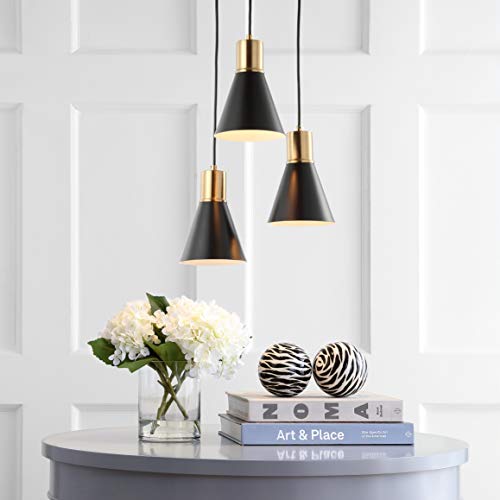 Image of JONATHAN Y Apollo Mid-Century 3-Light Pendant 15 inch, Black /Brass Gold | Modern, Adjustable Height, Metal Cone Shade, Kitchen Island, Hallway, UL Listed, Slope-Compatible, LED Bulb Included