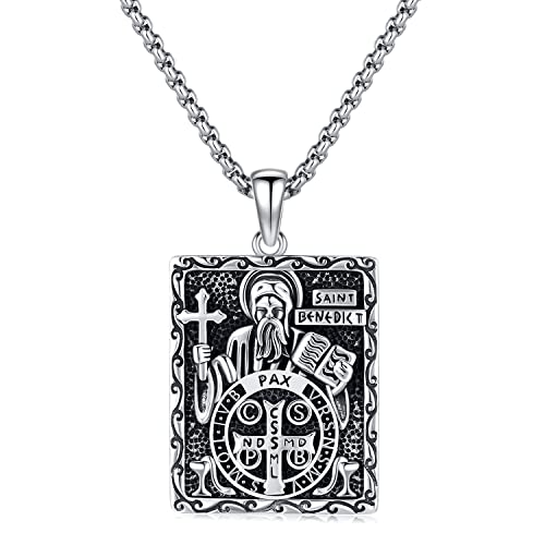Friggem Collier de St Benoît Pendentif Médaille St Benoît en Argent Sterling 925 Bijoux d'amulettes Religieuses Colliers Hommes Femmes Festivals Cadeaux Cover