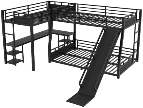 L-Shaped Metal Triple Bunk Bed with Slide, Full XL Over Queen with Twin XL Loft Bed, Built-in Desk & Storage Shelves, Space Saving Bunk Bed for Kids Teens Bedroom Dorm, Black