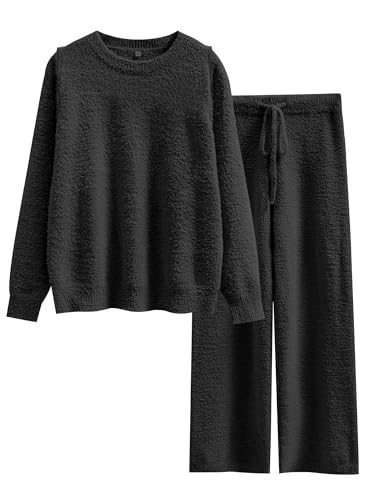 ANRABESS Women's Fuzzy Fleece Pajama Sets 2 Piece Outfits Long Sleeve Top Wide Leg Pants Lounge Matching Set 2025 Fall Winter Black Medium