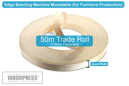 WoodPress® Kantenband aus Echtem Birke, 22 mm, 50 m, zum Aufbügeln, Vorgeklebt für Heimwerker, Holzleisten, Schreibtisch, Schrank, Tür, Möbelrestaurierung