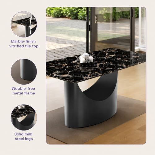 Image of Wakefit Taco Dining Table - Portoro Black - 6 Seater I Marble Finish I Vitrified Tile Top I Portoro Black