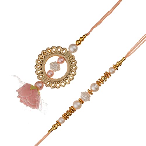 Image of eCraftIndia Diamonds, Pearls Floral Designer Bhaiya Bhabhi Rakhi Set with Roli Chawal Pack - for Brother, Bhaiya, Bhai - Lumba Rakhi for Bhabhi