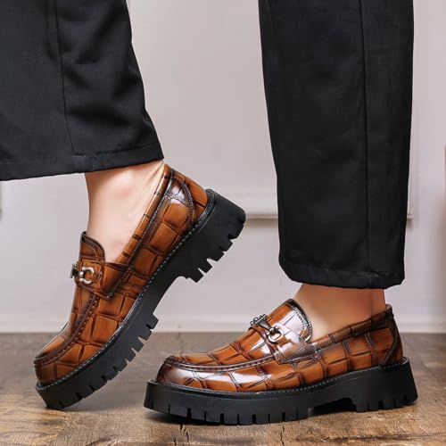 Image of Mens Patent Leather Slip-On Platform Dress Horsebit Loafer Low Heels Round Toe Non-Slip Penny Shoes for Formal Business Wedding