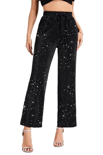 PEIQI Women High Elastic Waist Wide Leg Palazzo Pants Bling Glitter Casual Loose Long Sparkle Pant Trouser