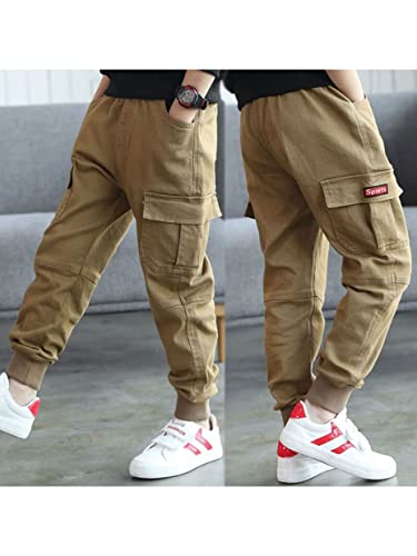 Kid Boy Casual Pocket Design Cotton Cargo Pants Khaki2