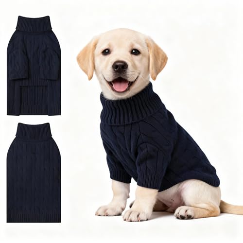 Image of Small Dog Thermal Pullover Sweater, Classic Turtleneck Cable Knitwear Dog Clothes for Cold Weather Warm Pet Clothes for Chihuahua, Bulldog, Dachshund, Pug Navy X-Large