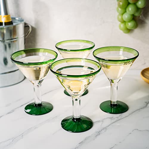 Mexican Hand Blown Martini & Margarita Glasses - Green Rim Detailed - Set Of 4-10Oz - Carmen Cinco De Mayo - Luxury Mexican Glassware Thick, Juice & Cocktail For Holidays & Celebration Confetti #TOP2