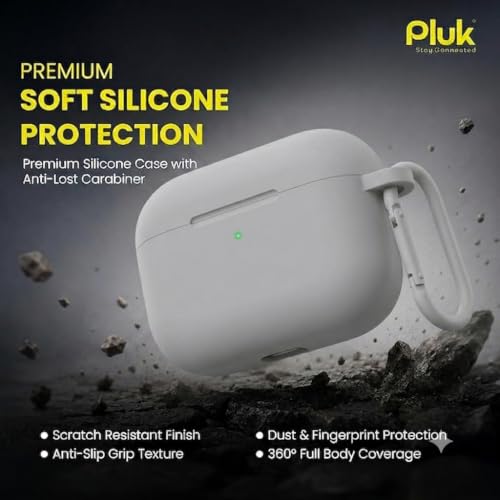 Image of PLUK Soft Silicone Case Cover Compatible with Apple AirPods Pro 3 (3rd Generation 2025) - Shockproof 360 Protective Skin,Full Protection with Hook & Keychain, Front LED Visible - Light Grey
