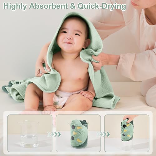 Image of FIOBEE Hooded Baby Towels 100% Muslin Baby Bath Towels for Newborn with Animal Design Ultra-Soft and Absorbent Bath Essentials for Toddler, Unisex Girls Boys 30 x 30 inch, Green Dinosaur