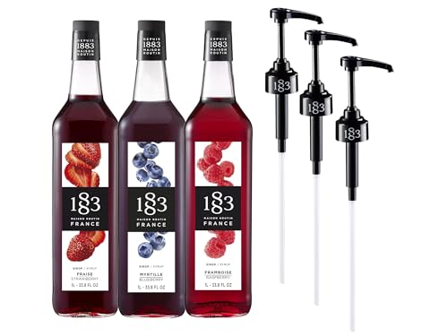 Image of 1883 Strawberry, Blueberry, Raspberry Syrups with Pumps (Berry Lovers) for Drinks - 1 Liter Glass Bottles (Pack of 3)
