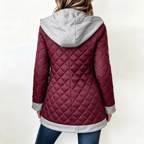 Quilted Jacket for Women Warm Mid Length Button Quilted Coat with Hood - image 6