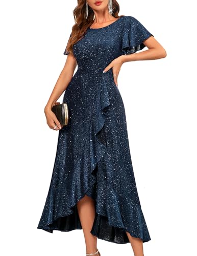 BeryLove Women Sequin Formal Party Dress Flutter Short Sleeve Wedding Guest Dress Cocktail Long Evening Dress BLS007 Navy M