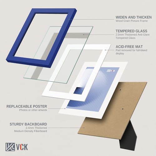 Image of VCK 5x7 Picture Frame 2 Pack, Blue Wood, 4x6 Mat, Glass, for Photo Print