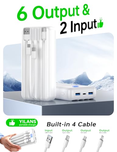 Image of Portable Charger,50000mAh Power Bank Built-in Cable, 22.5W PD USB C in & Out Fast Charging, External Battery Pack with 6 Output & 2 Input, Travel Essential for iPhone 17 /16 /15 /14 /13 /12(Creamy White)
