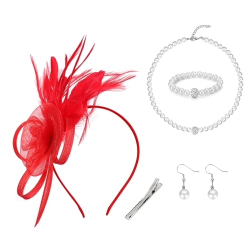 MWOOT Fascinator Chapeau Plume pour Femmes, Vintage Fascinateur Bandeau Plumes Fleurs en Maille Rouge, Ensemble de Bijoux en Fausses Perles, 1920s Accessoires...
