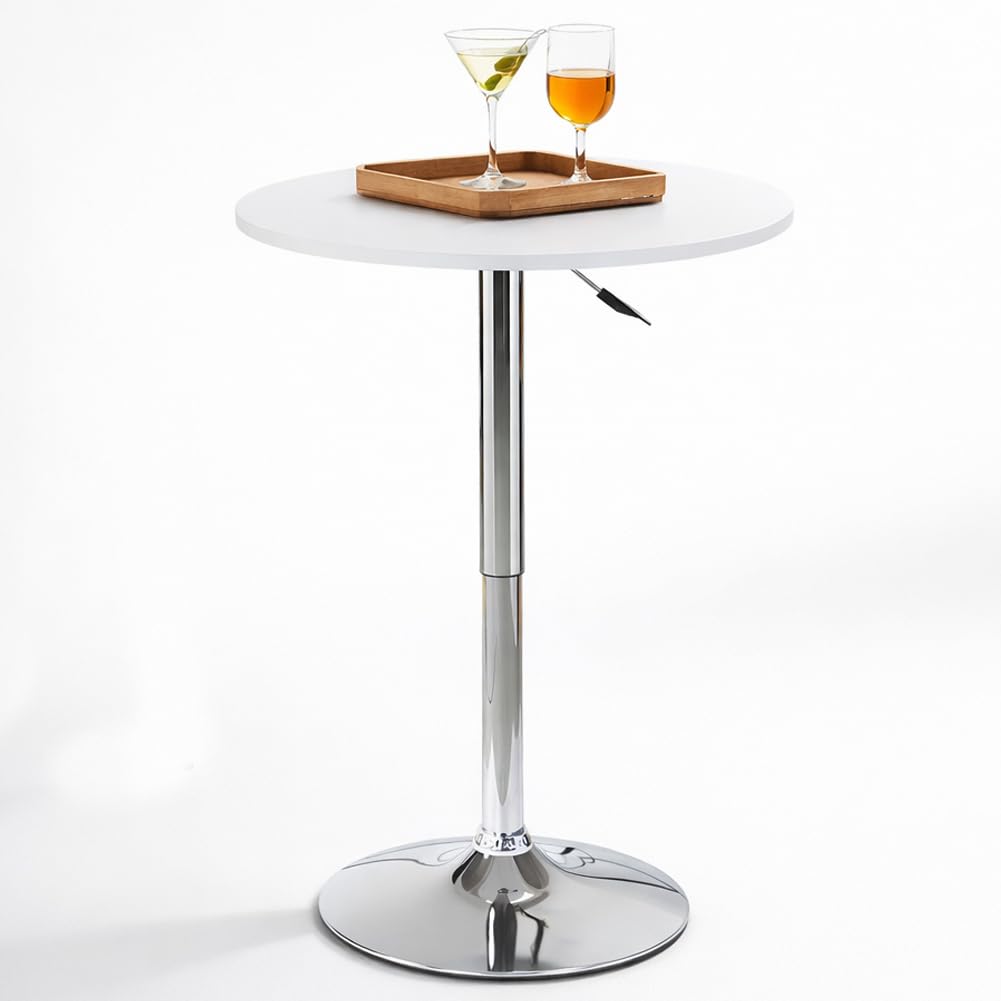 BAKAJI Tavolo da Bar Girevole Rotondo con Altezza Regolabile da 70 a 91 cm, Tavolino Alto Tondo per Ristoranti con Diametro Piano 60 cm, Struttura in Metallo Cromato Ideale per Soggiorno, Bianco