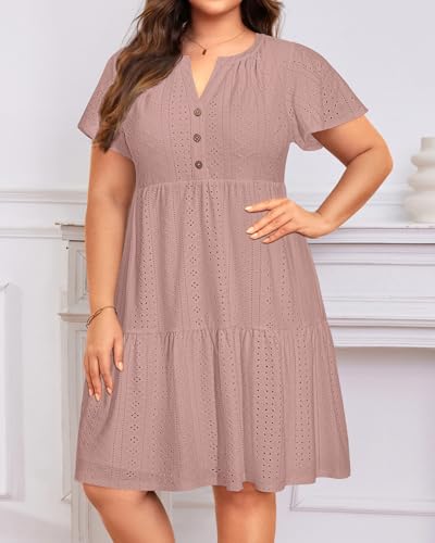 Image of Plus Size Summer Dress Casual Short Sleeve Button Midi Sun Dresses Women