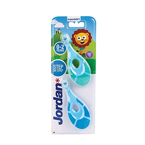 Jordan Step 1 Baby Toothbrush, 0-2 Years, Soft Bristles, BPA Free (Pack of 2, 0-2 Years - Blue + Green)